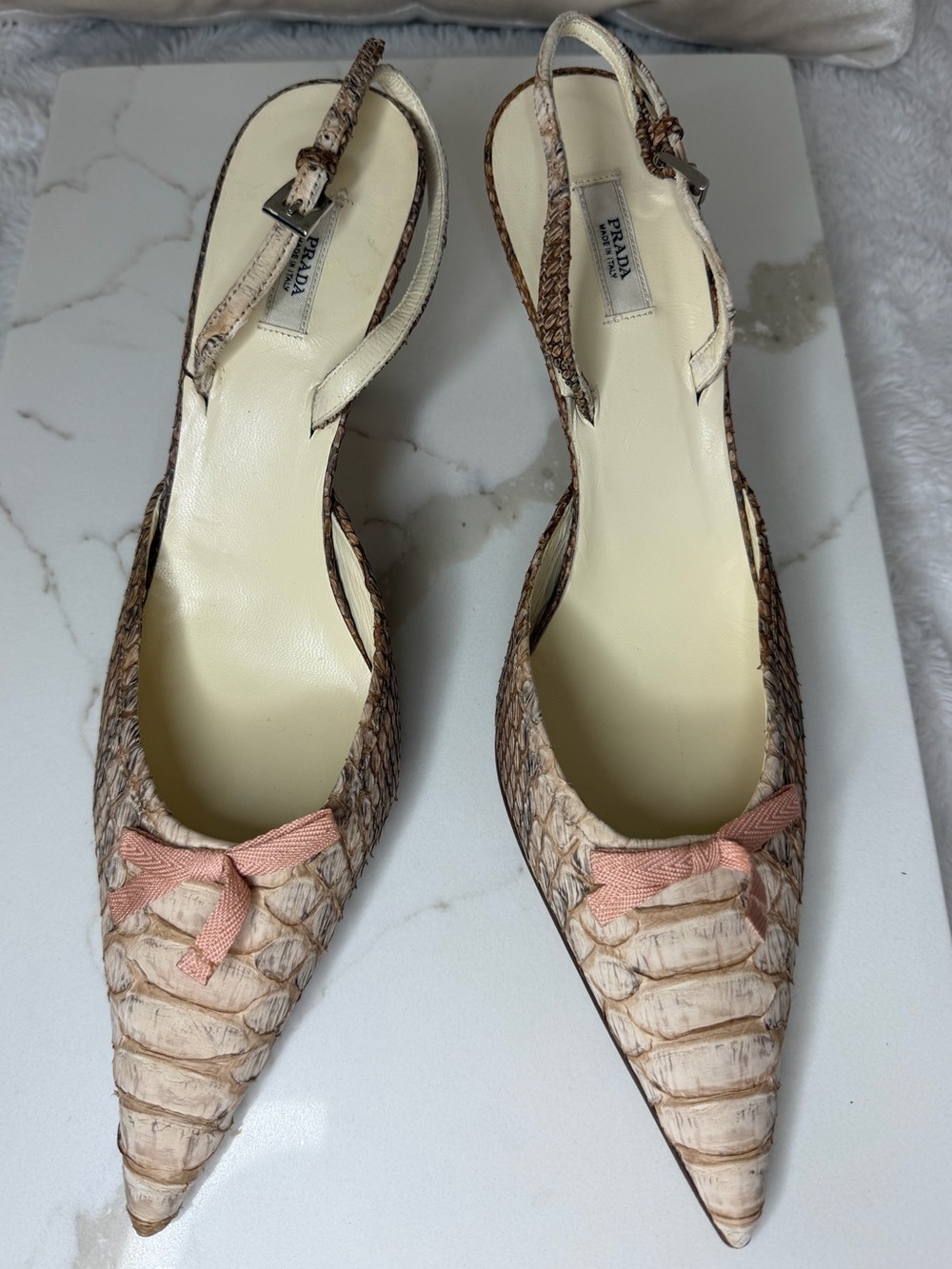Prada Beige Textured Pointed Slingback Mules with Pink Bow